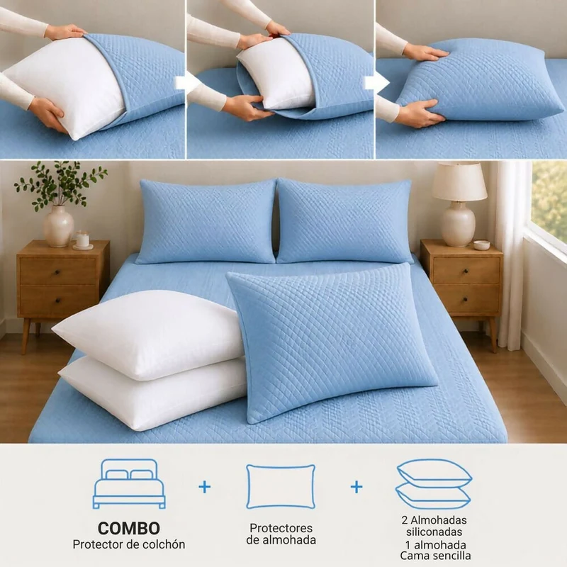 Combo Protector Colchon + 2 Almohadas Siliconadas King Celeste