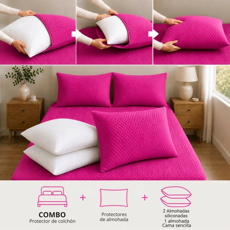 Combo Protector Colchon + 2 Almohadas Siliconadas King Fucsia