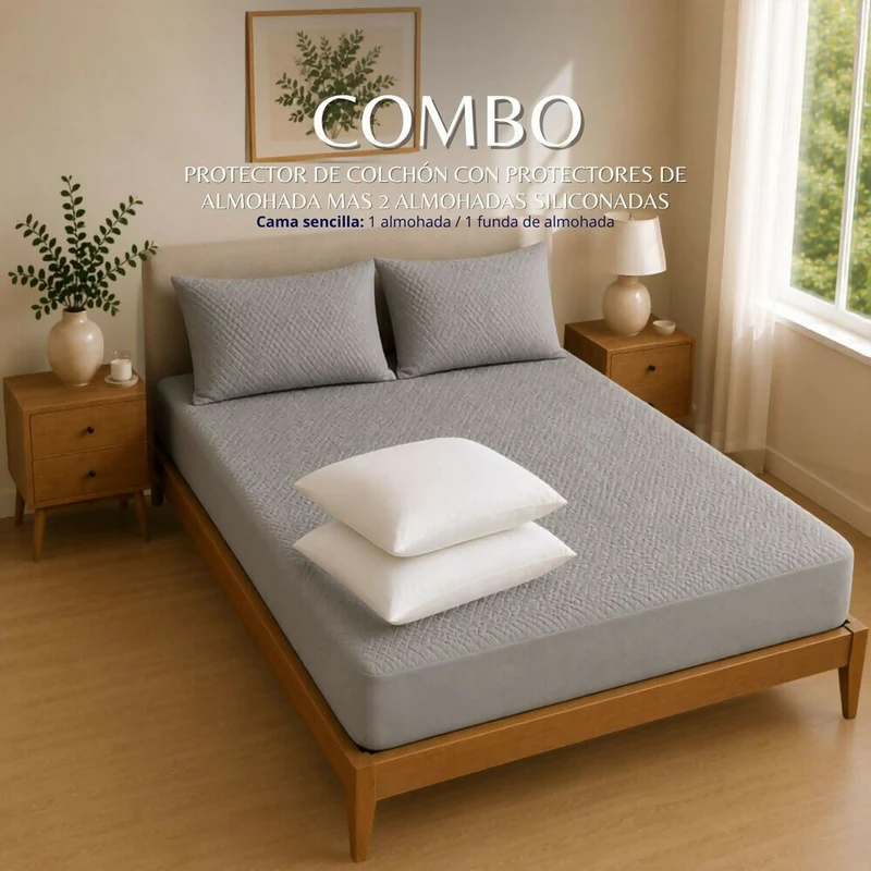 Combo Protector Colchon + 2 Almohadas Siliconadas King Gris