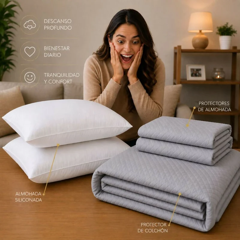 Combo Protector Colchon + 2 Almohadas Siliconadas King Gris