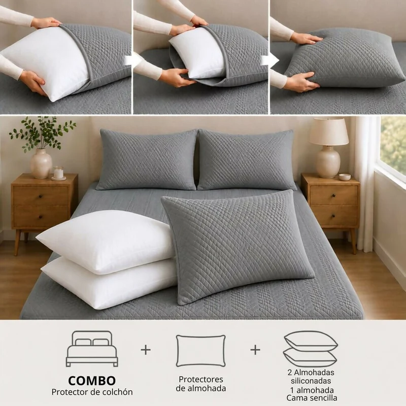 Combo Protector Colchon + 2 Almohadas Siliconadas King Gris