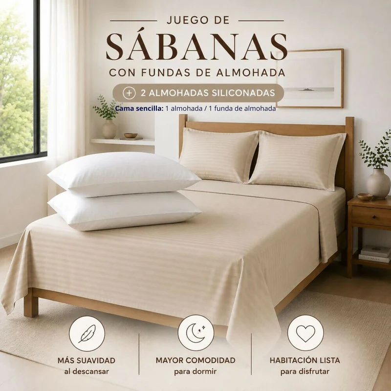 Combo Juego De Sábanas + 2 Almohadas Siliconadas Doble Beige