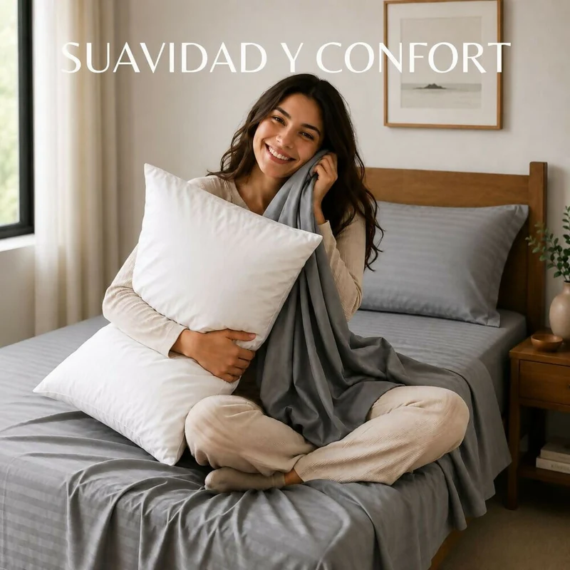 Combo Juego De Sábanas + 2 Almohadas Siliconadas Semidoble Gris