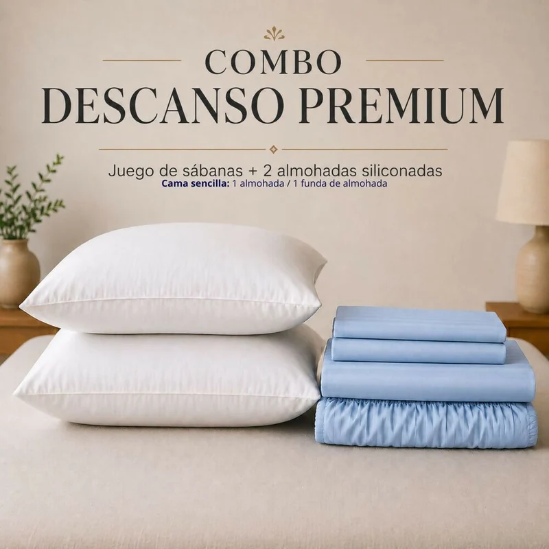 Combo Juego De Sábanas + 1 Almohada Siliconada Sencillo Celeste