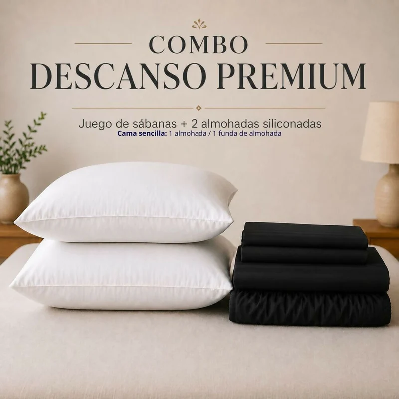 Combo Juego De Sábanas + 2 Almohadas Siliconadas Semidoble Negro