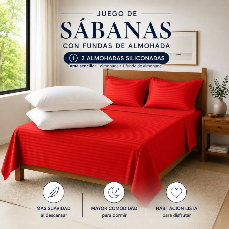 Combo Juego De Sábanas + 2 Almohadas Siliconadas Queen Rojo