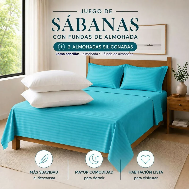Combo Juego De Sábanas + 1 Almohada Siliconada Sencillo Turquesa