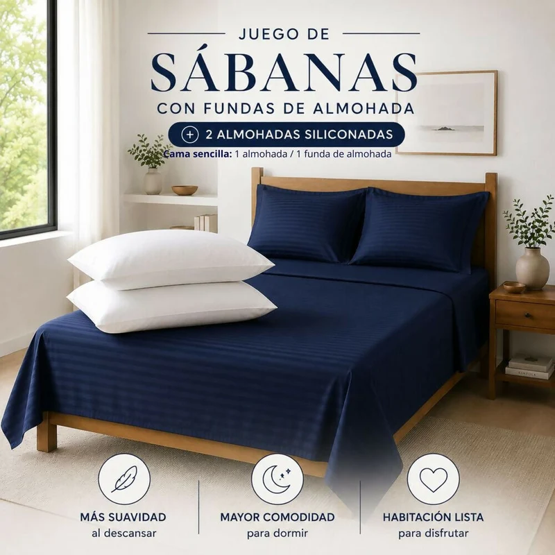 Combo Juego De Sábanas + 2 Almohadas Siliconadas Semidoble Azul