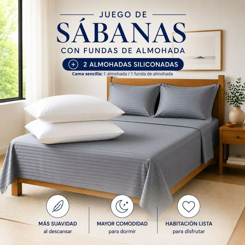 Combo Juego De Sábanas + 2 Almohadas Siliconadas Doble Gris