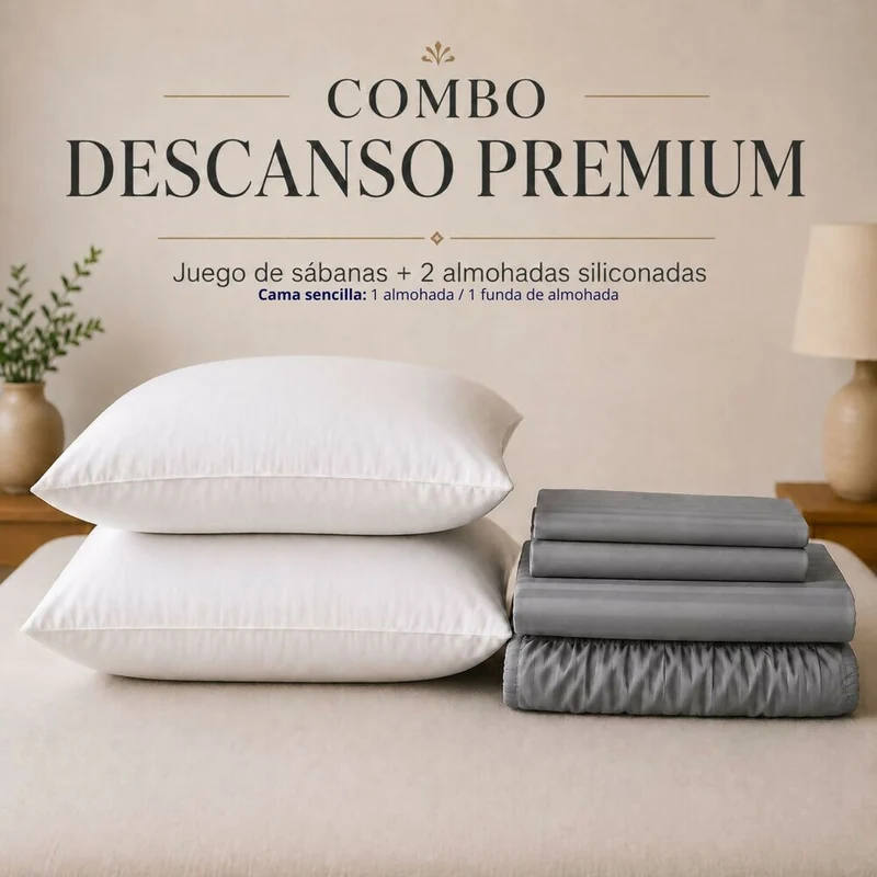 Combo Juego De Sábanas + 2 Almohadas Siliconadas Doble Gris