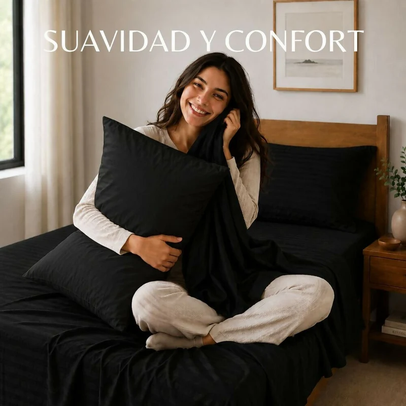 Combo Juego De Sábanas + 1 Almohada Siliconada Sencillo Negro