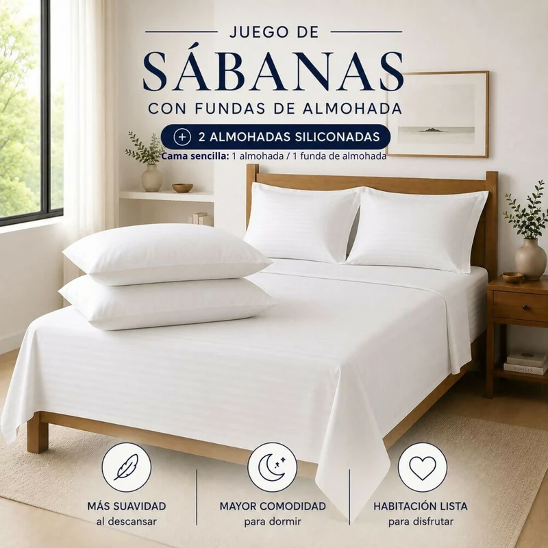 Combo Juego De Sábanas + 2 Almohadas Siliconadas King Blanco