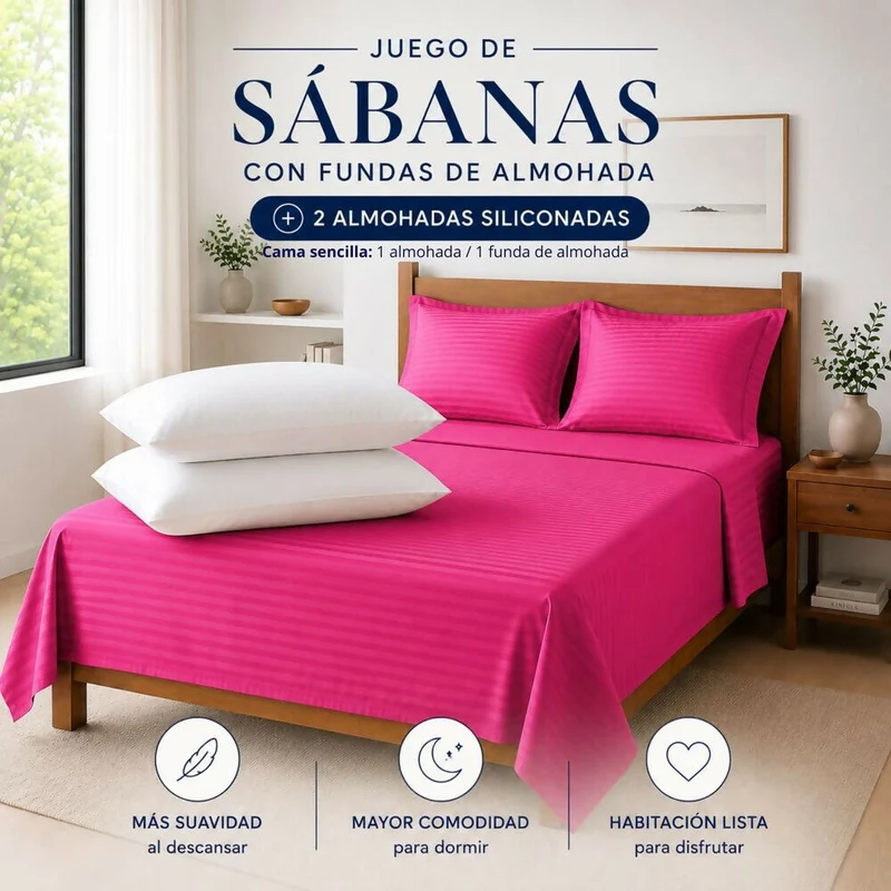 Combo Juego De Sábanas + 2 Almohadas Siliconadas Queen Fucsia