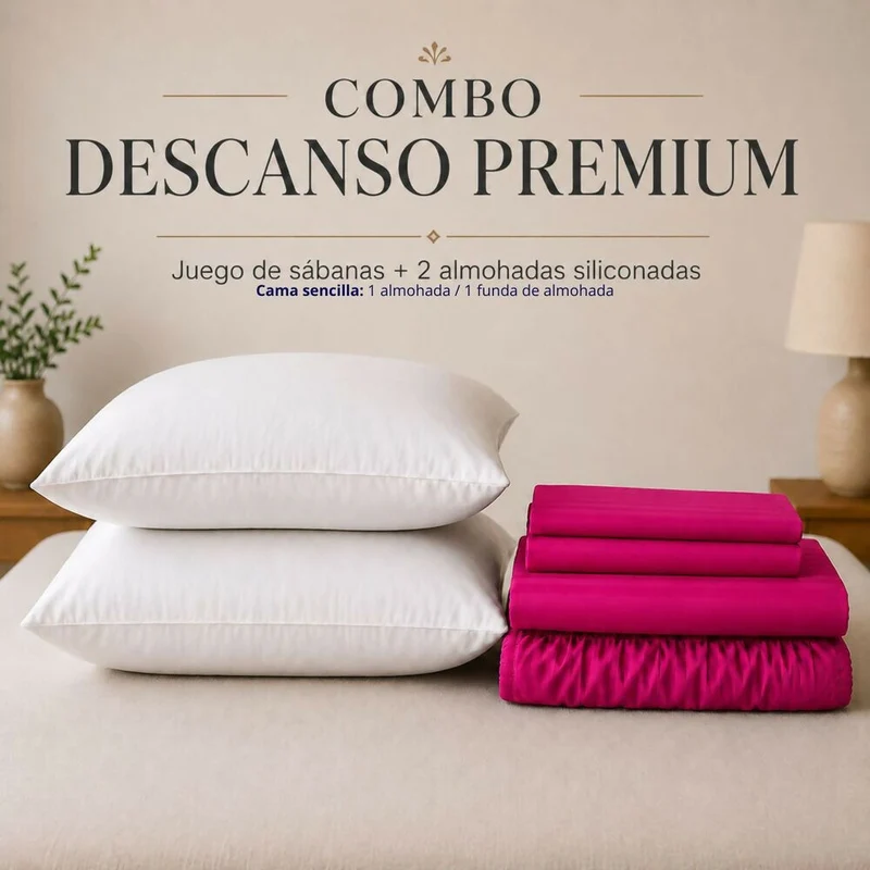 Combo Juego De Sábanas + 2 Almohadas Siliconadas Queen Fucsia
