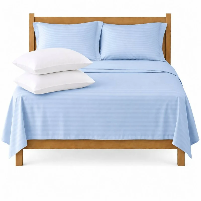 Combo Juego De Sábanas + 2 Almohadas Siliconadas Semidoble Celeste