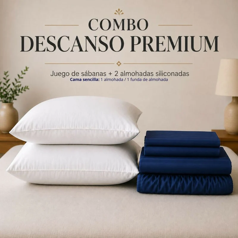 Combo Juego De Sábanas + 2 Almohadas Siliconadas King Azul