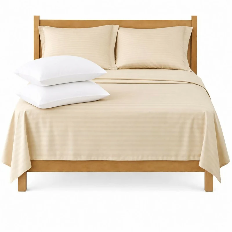Combo Juego De Sábanas + 2 Almohadas Siliconadas Queen Beige