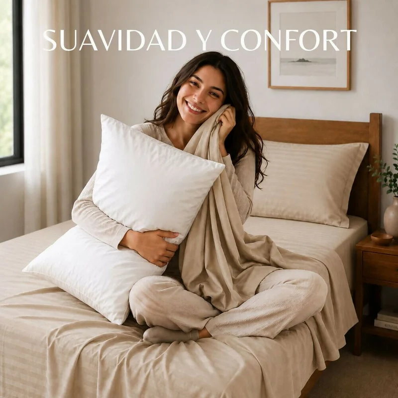 Combo Juego De Sábanas + 2 Almohadas Siliconadas Queen Beige