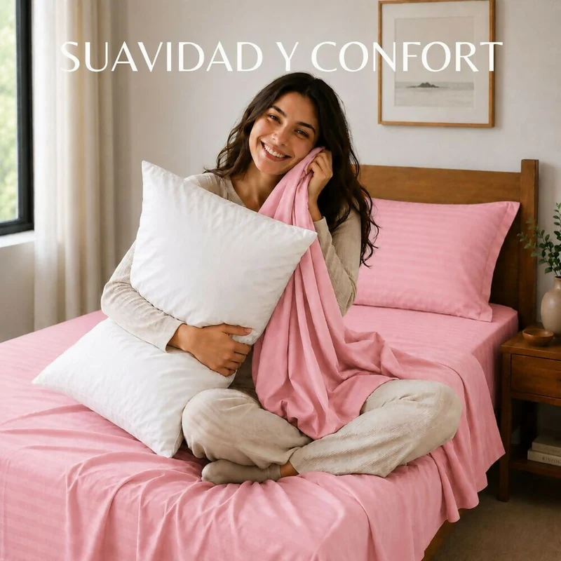 Combo Juego De Sábanas + 2 Almohadas Siliconadas Doble Rosado