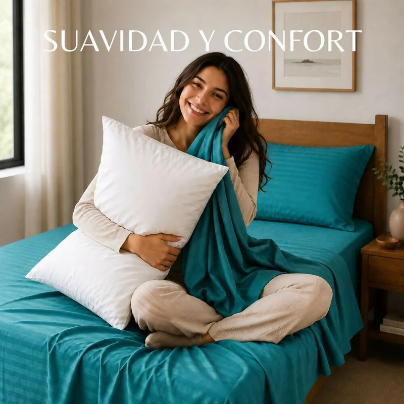 Combo Juego De Sábanas + 2 Almohadas Siliconadas Semidoble Turquesa