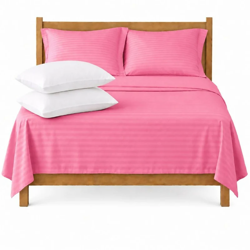 Combo Juego De Sábanas + 2 Almohadas Siliconadas Queen Rosado