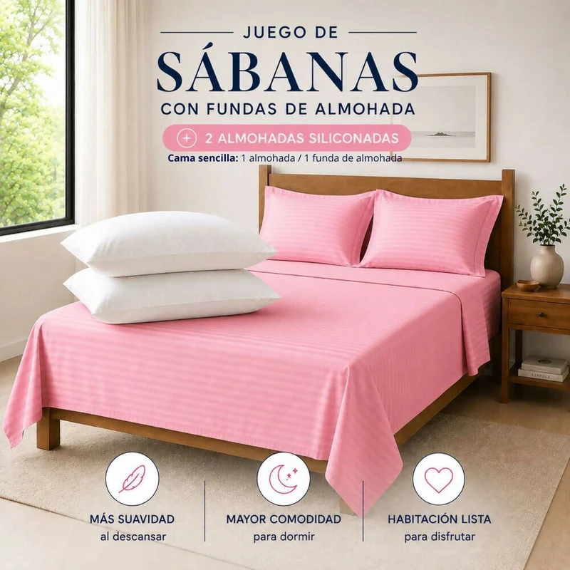 Combo Juego De Sábanas + 2 Almohadas Siliconadas Queen Rosado