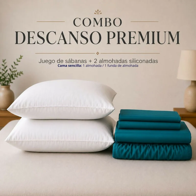 Combo Juego De Sábanas + 2 Almohadas Siliconadas Doble Turquesa