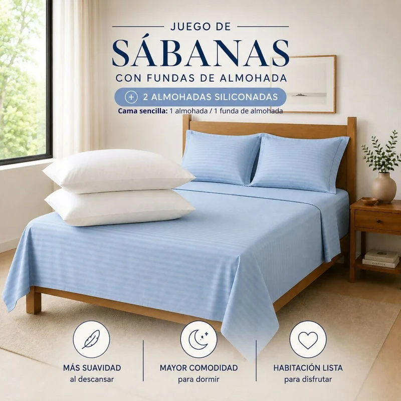 Combo Juego De Sábanas + 2 Almohadas Siliconadas Queen Celeste