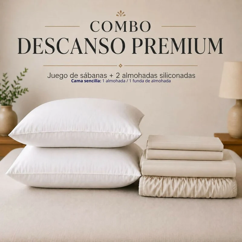 Combo Juego De Sábanas + 2 Almohadas Siliconadas Semidoble Beige