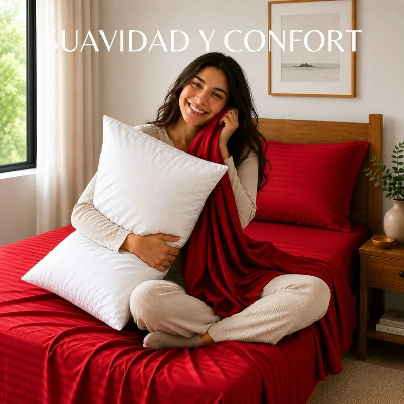 Combo Juego De Sábanas + 2 Almohadas Siliconadas King Rojo