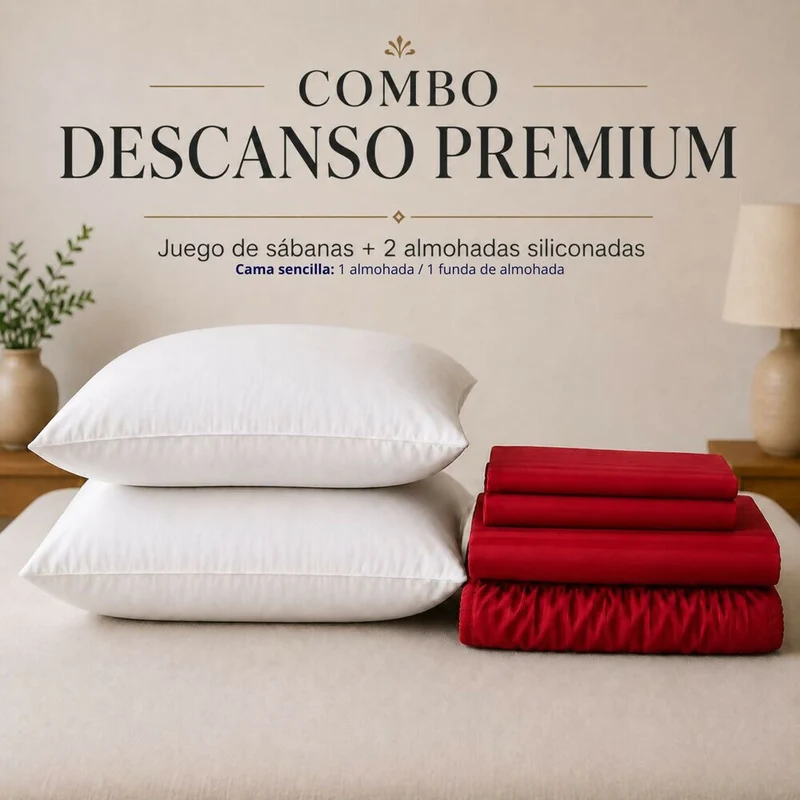 Combo Juego De Sábanas + 2 Almohadas Siliconadas King Rojo