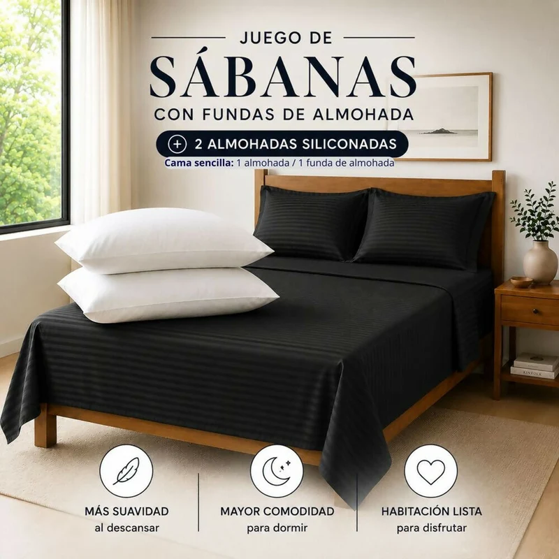 Combo Juego De Sábanas + 2 Almohadas Siliconadas King Negro