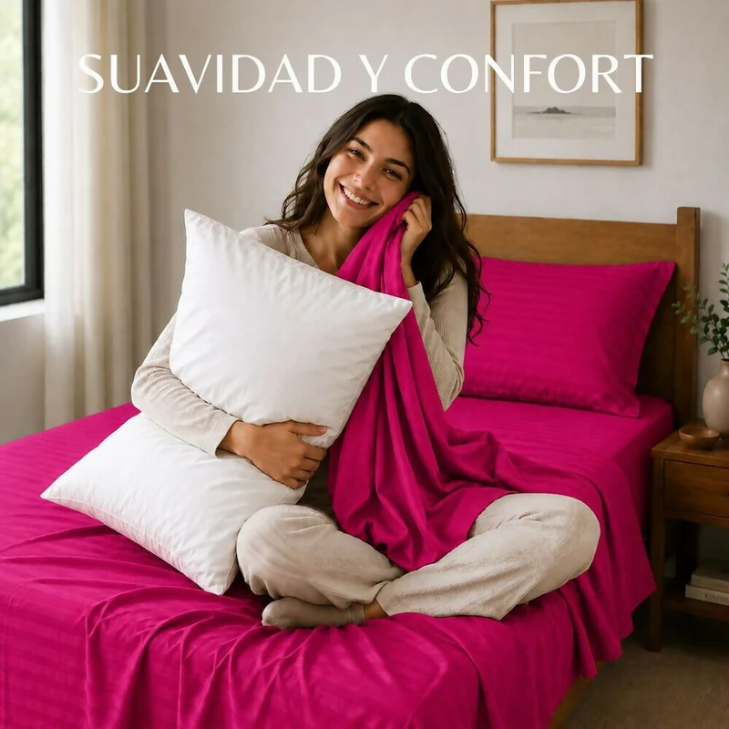 Combo Juego De Sábanas + 2 Almohadas Siliconadas King Fucsia