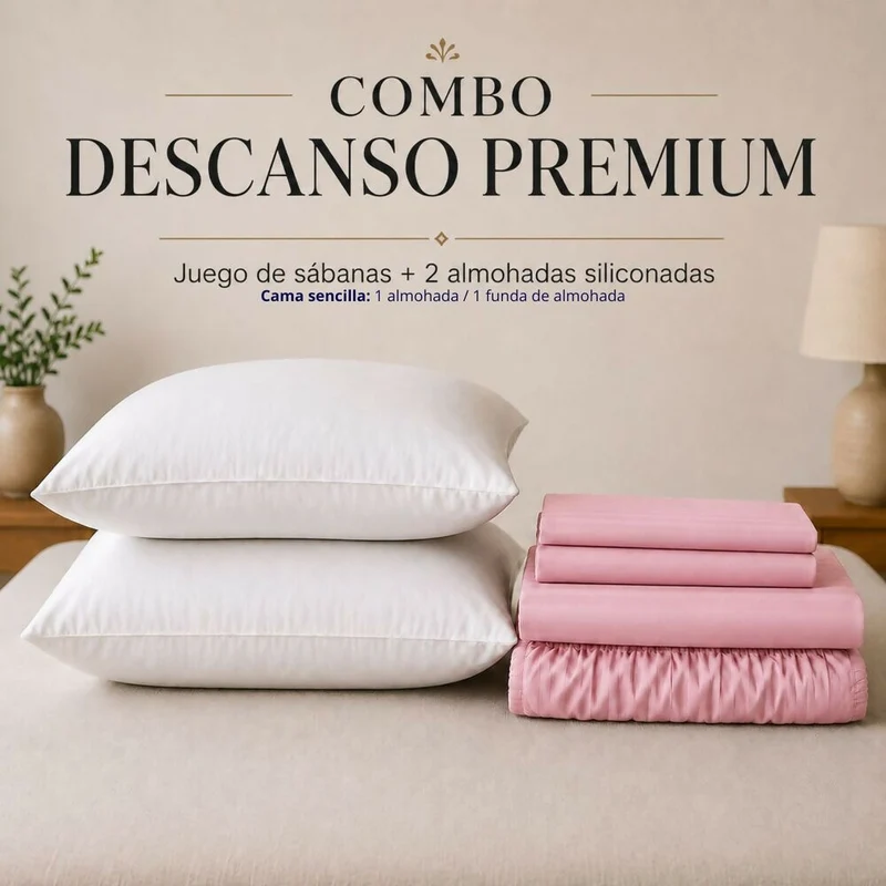 Combo Juego De Sábanas + 2 Almohadas Siliconadas King Rosado