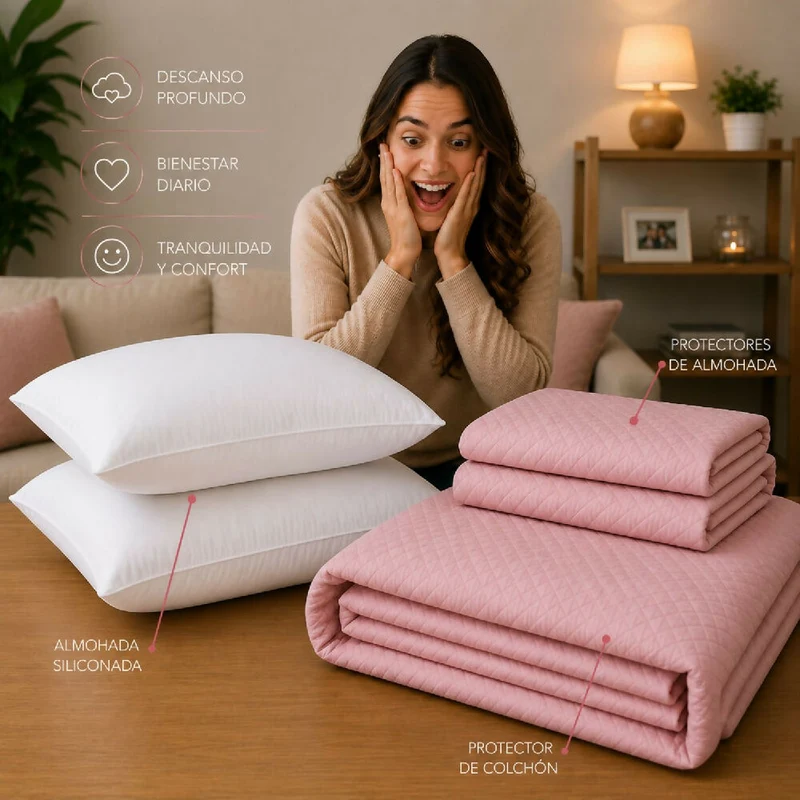 Combo Protector Colchon + 1 Almohada Siliconada Sencillo Rosado