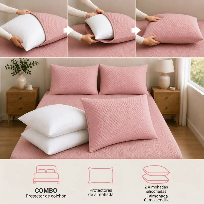 Combo Protector Colchon + 1 Almohada Siliconada Sencillo Rosado