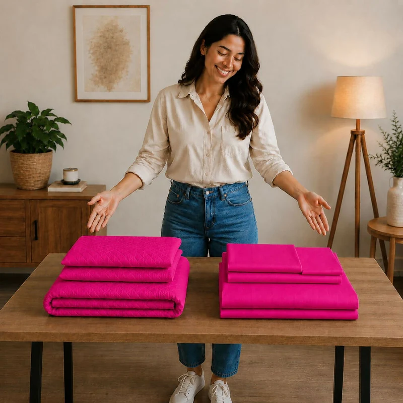 Combo Protector Colchon + Juego De Sábanas King Fucsia