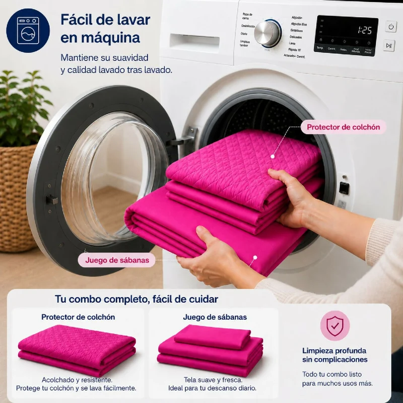 Combo Protector Colchon + Juego De Sábanas King Fucsia