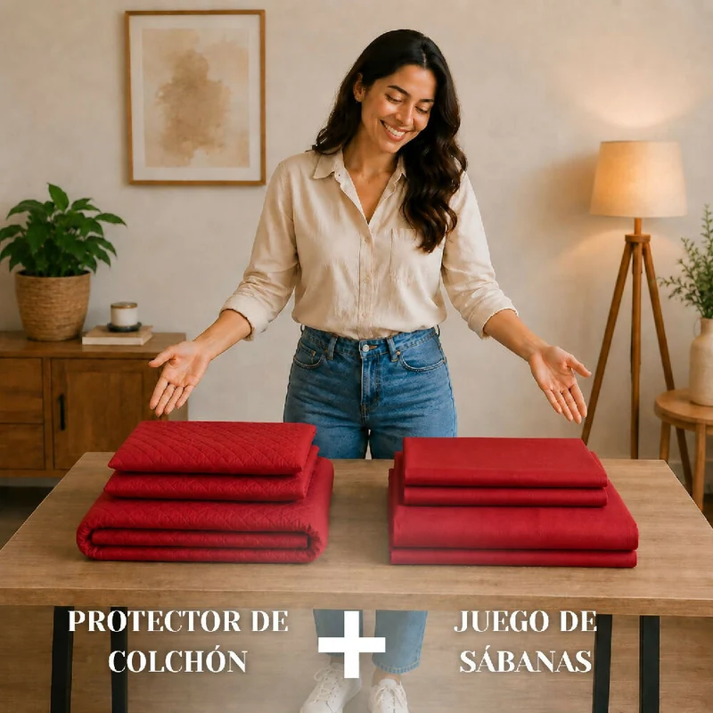 Combo Protector Colchon + Juego De Sábanas Queen Rojo