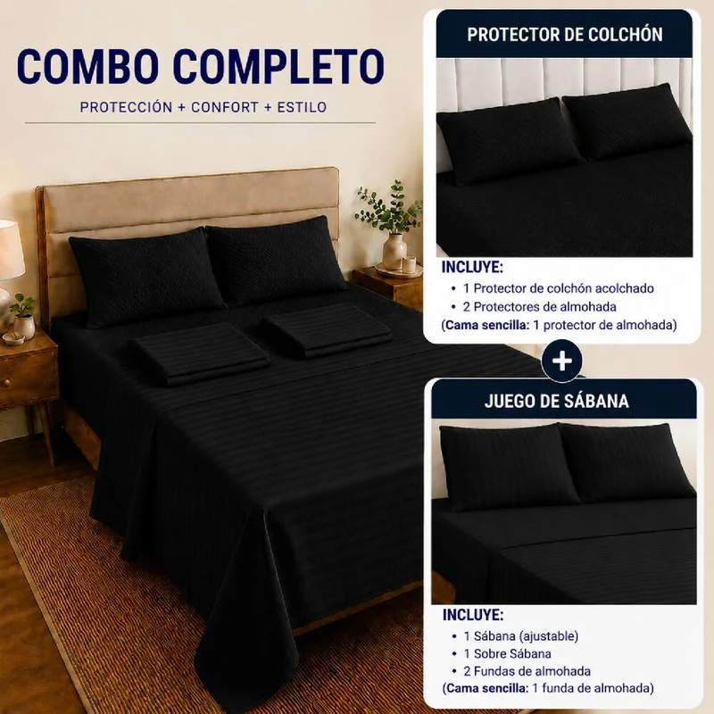 Combo Protector Colchon + Juego De Sábanas King Negro
