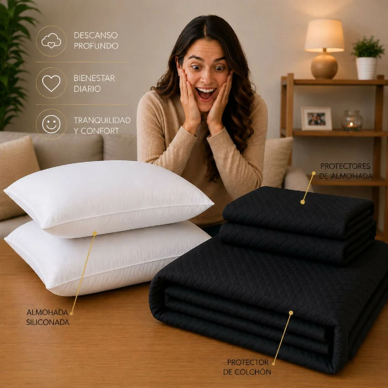 Combo Protector Colchon + 1 Almohada Siliconada Sencillo Negro