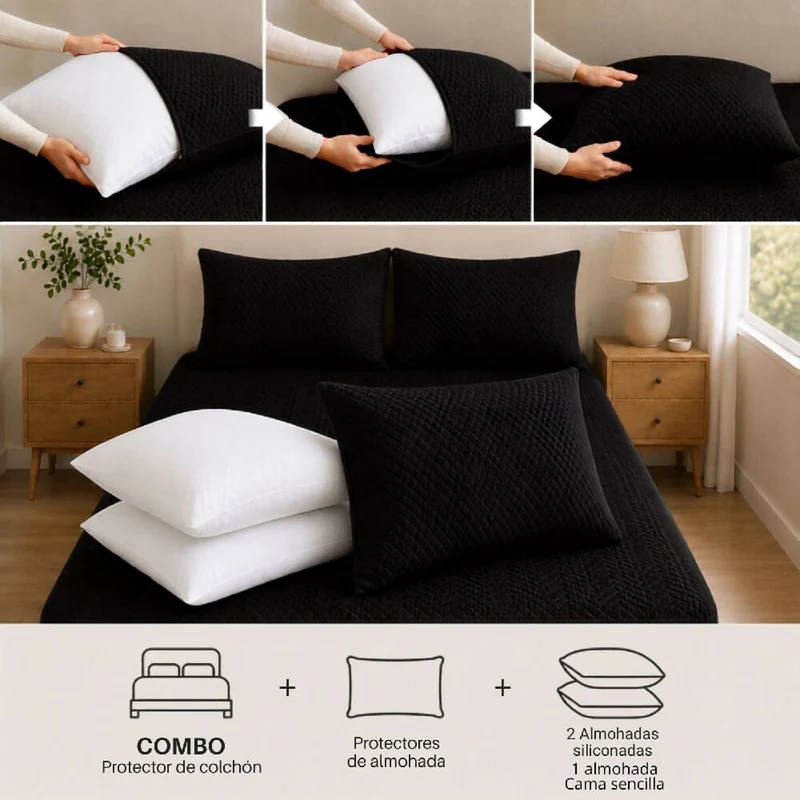 Combo Protector Colchon + 1 Almohada Siliconada Sencillo Negro