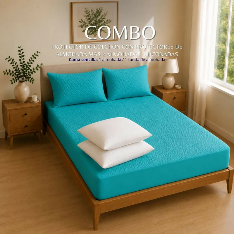 Combo Protector Colchon + Juego De Sábanas King Turquesa