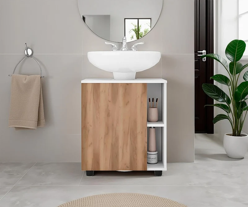 Mueble para Lavamanos Pascuale, Blanco Duqueza y Fresno Europeo, No Incluye Lavamanos ZF