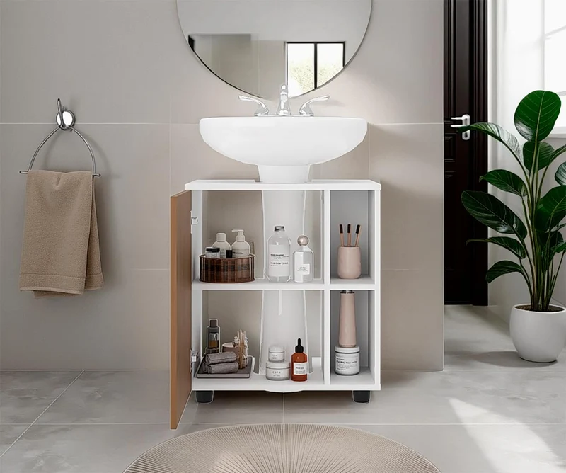 Mueble para Lavamanos Pascuale, Blanco Duqueza y Fresno Europeo, No Incluye Lavamanos ZF