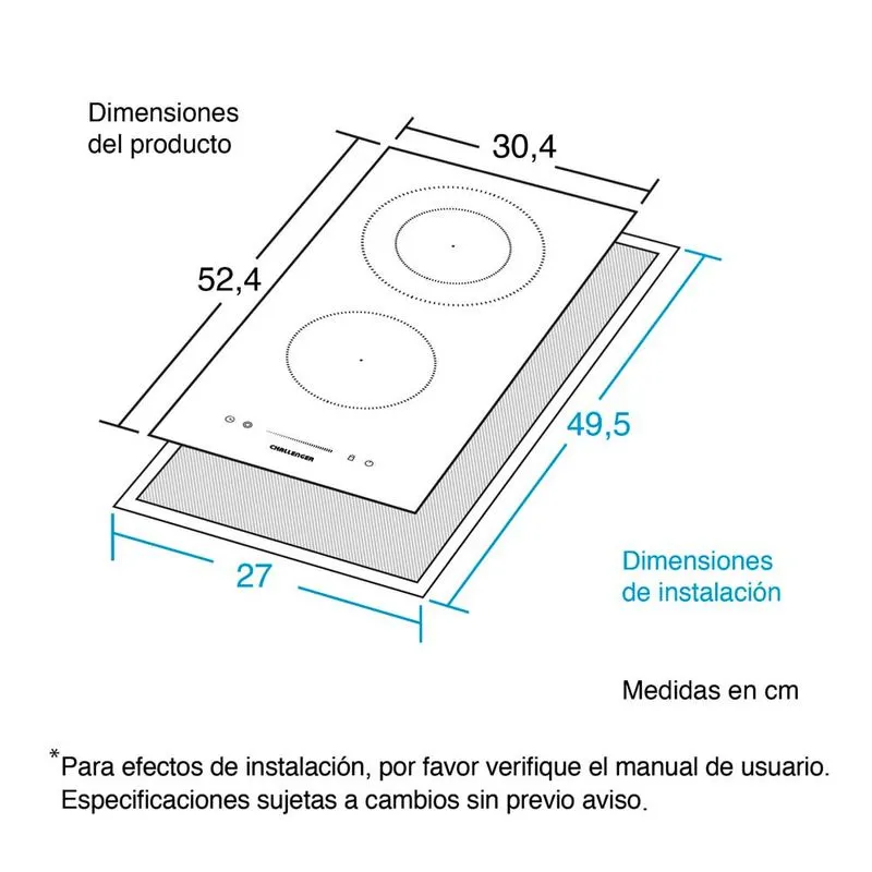 Estufa Empotrar Vitrocerámica 2 Puestos 30cm 220V Challenger Vt6030