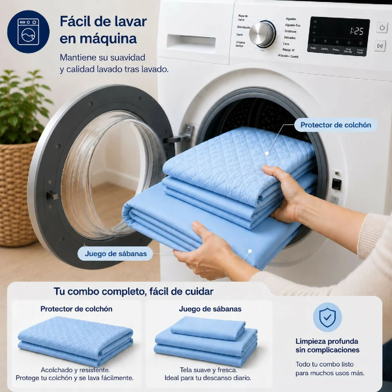 Combo Protector Colchon + Juego De Sábanas Sencilla Celeste