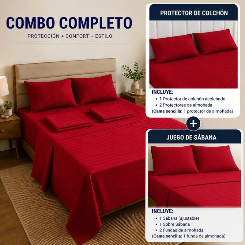 Combo Protector Colchon + Juego De Sábanas Sencilla Rojo