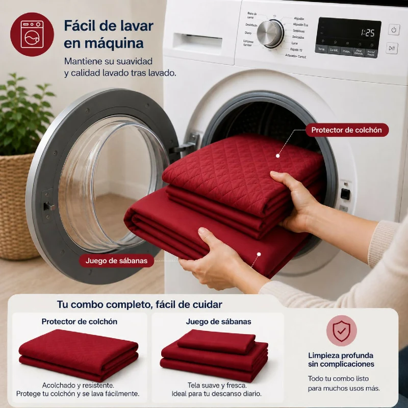 Combo Protector Colchon + Juego De Sábanas Sencilla Rojo
