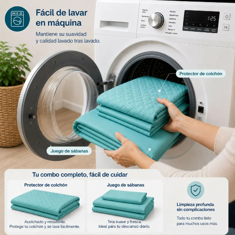 Combo Protector Colchon + Juego De Sábanas Sencilla Turquesa
